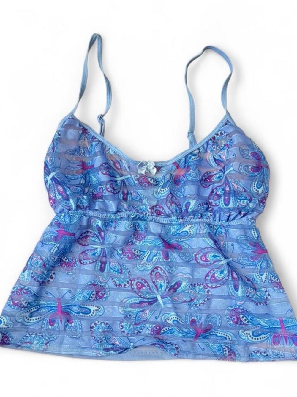 Y2K Vintage Women’s Blue Butterfly Print Dress Spaghetti Mesh Strap Top